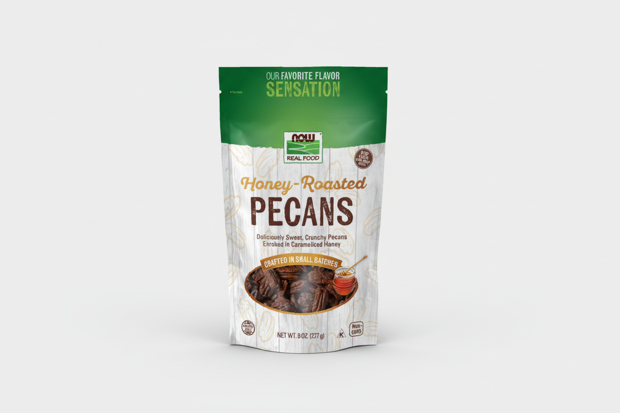 Package of honey-roasted pecans with branding on a white background
