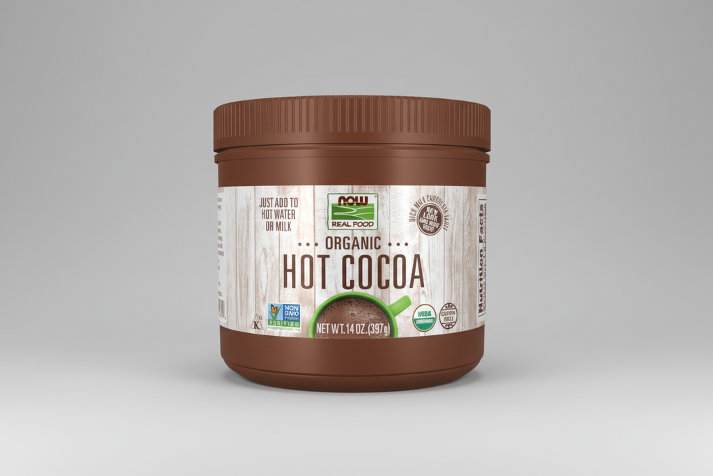 Container of NOW Organic Hot Cocoa on a white background