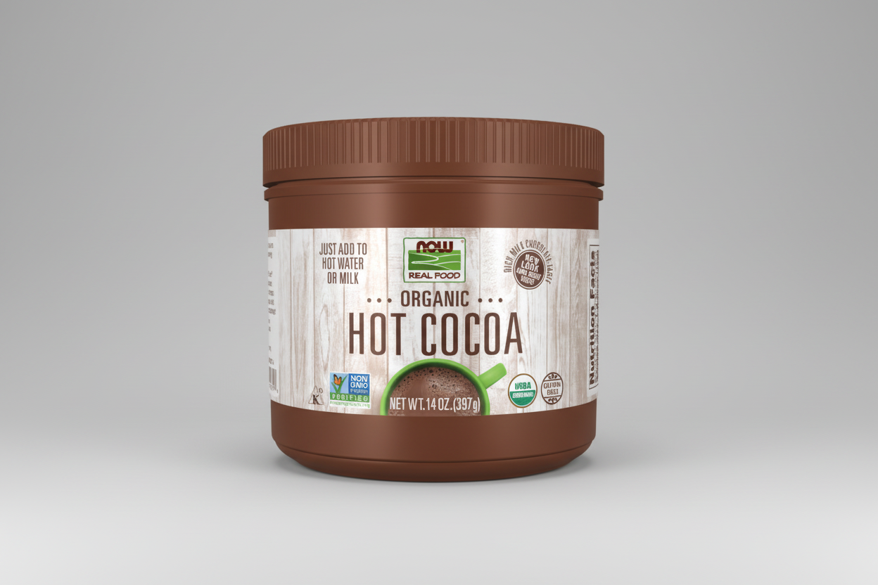 Container of NOW Organic Hot Cocoa on a white background