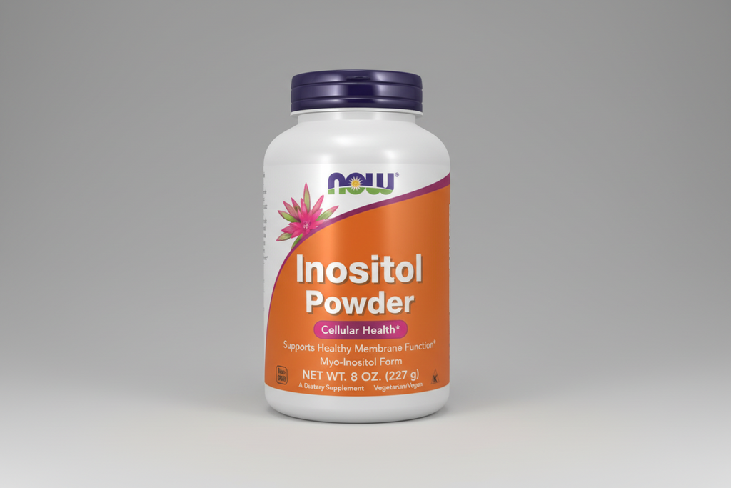 Supplement bottle labeled 'Inositol Powder' with NOW brand on a white background