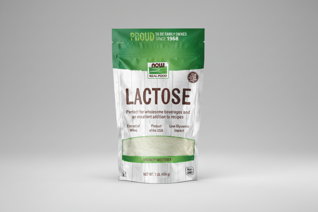 Package of lactose powder with green and white design on a white background