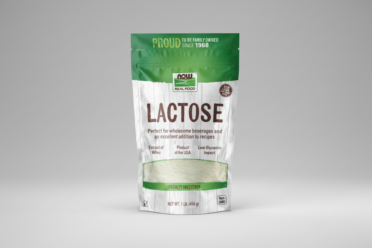 Package of lactose powder with green and white design on a white background
