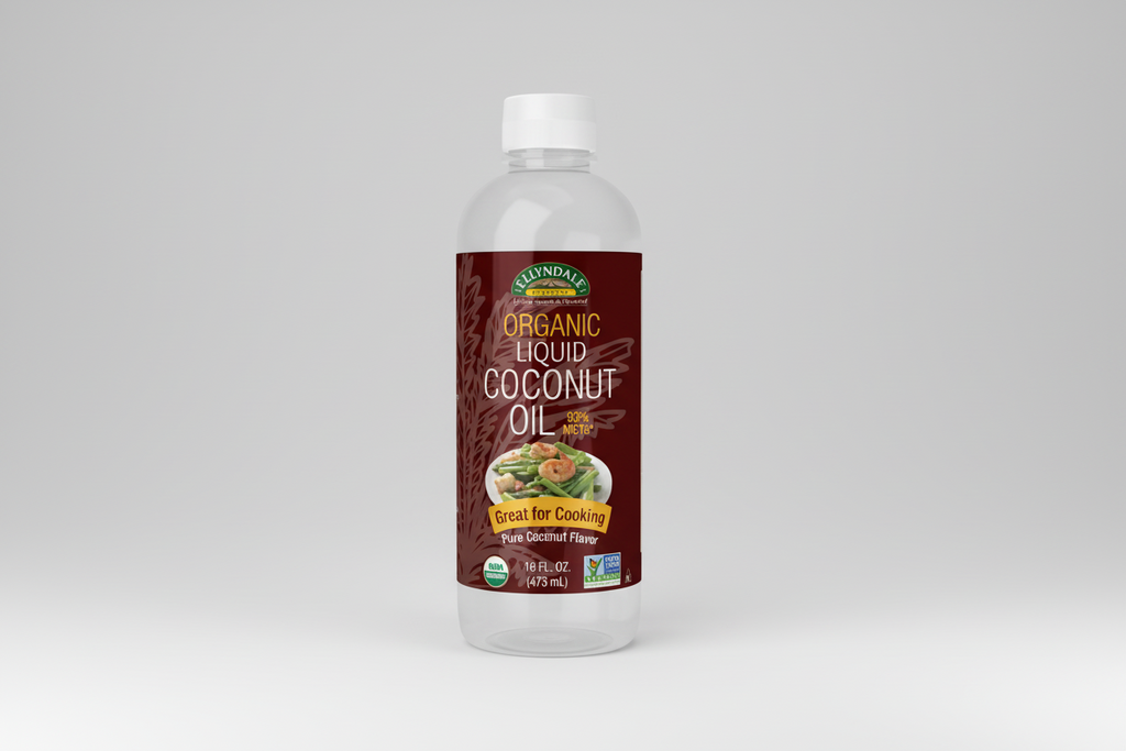 Bottle of Ellyndale Organic Liquid Coconut Oil on a white background