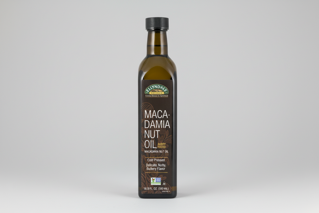 Bottle of Ellyndale Macadamia Nut Oil on a white background