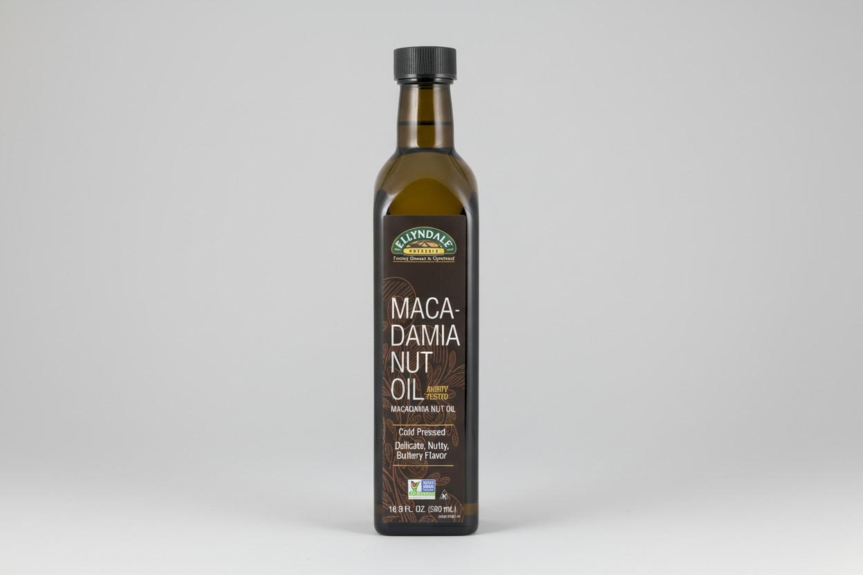 Bottle of Ellyndale Macadamia Nut Oil on a white background