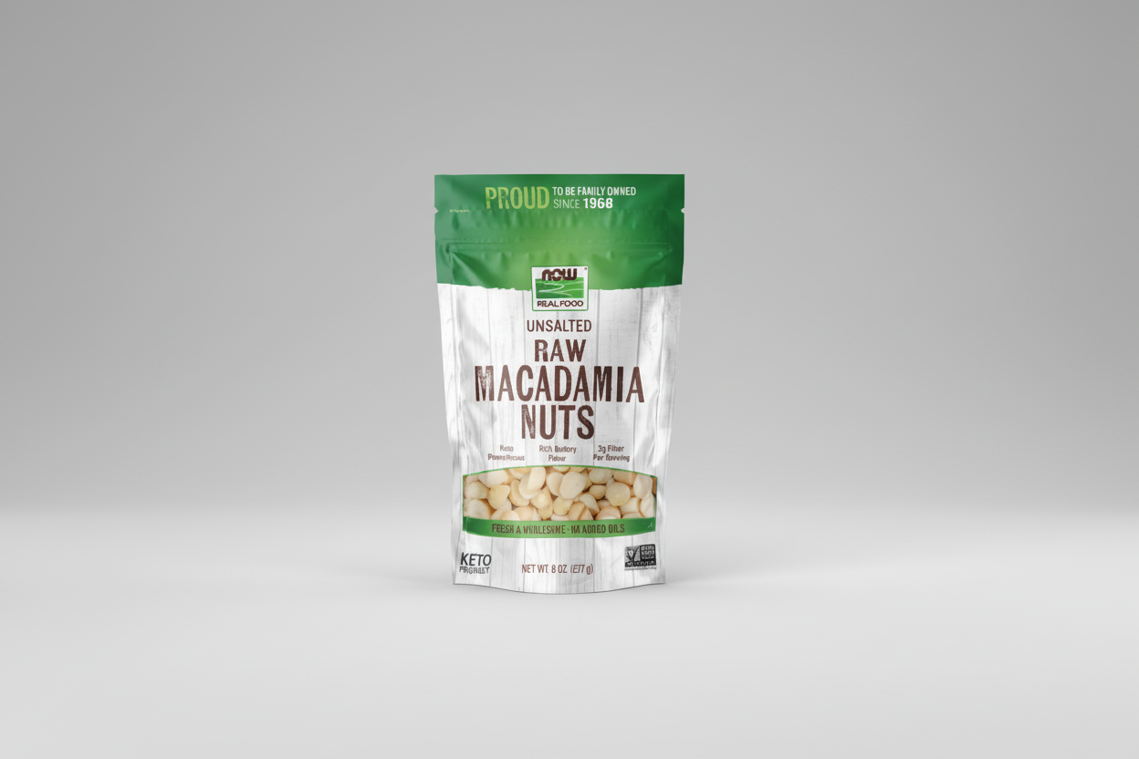Bag of unsalted raw macadamia nuts on a white background