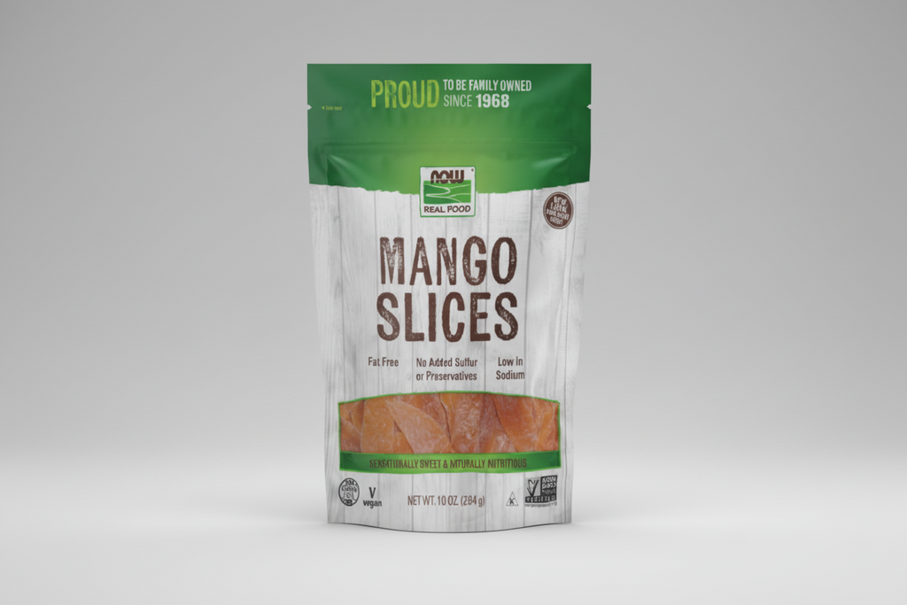 Package of Mango Slices with branding and product details on a white background