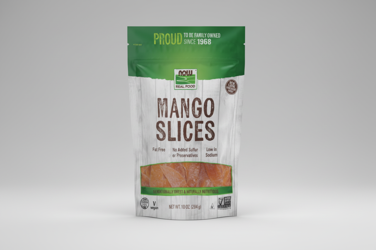 Package of Mango Slices with branding and product details on a white background