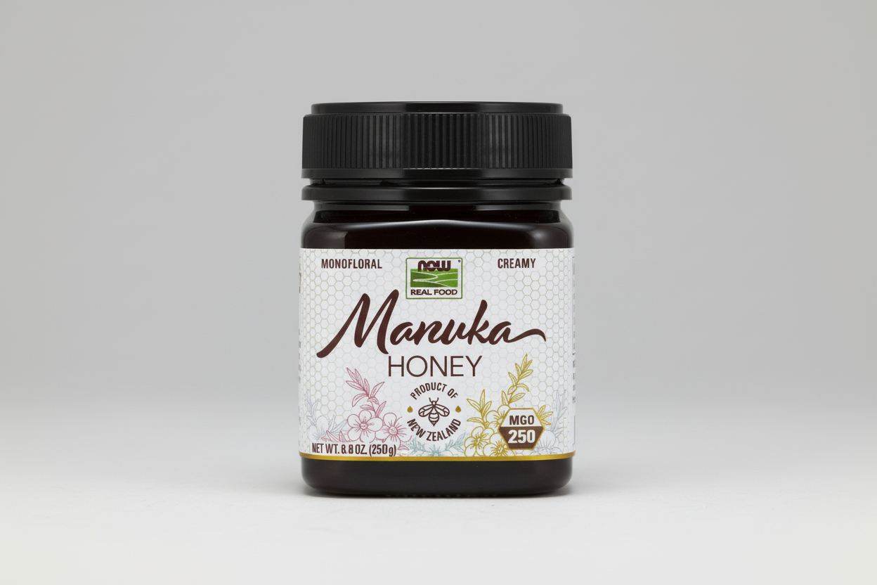 Jar of Manuka Honey with a black lid on a white background