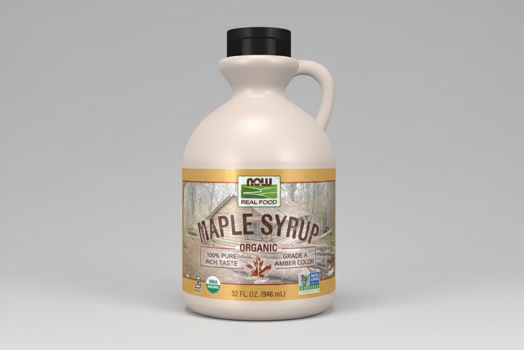 Bottle of maple syrup with a label on a white background