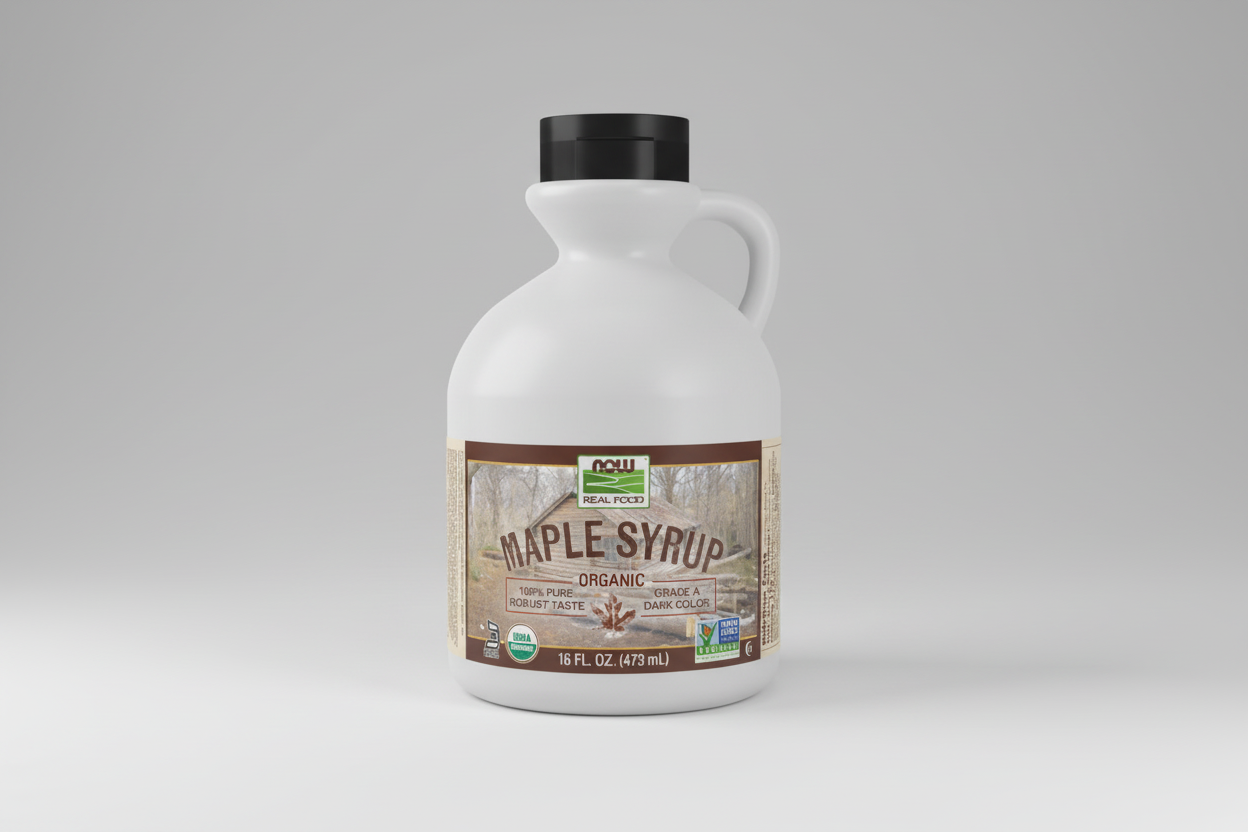 Jar of maple syrup with a label on a white background