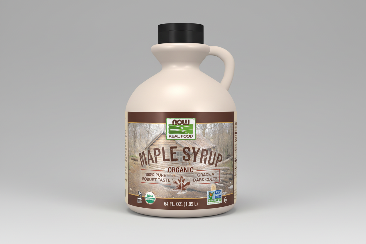 Bottle of NOW Foods Organic Maple Syrup on a white background