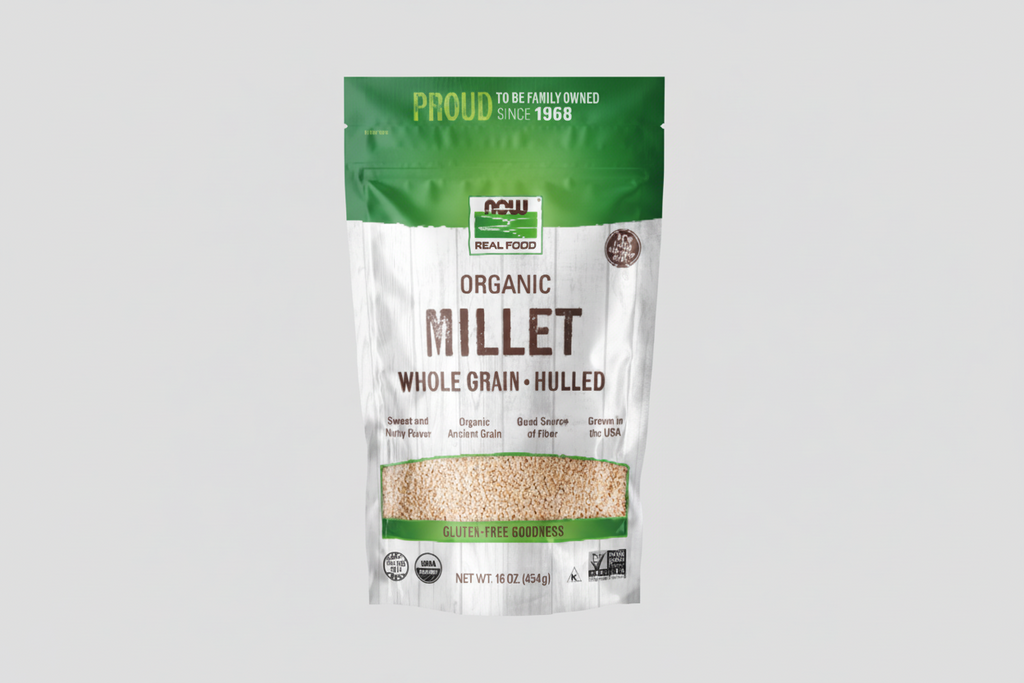 Package of NOW Organic Millet Whole Grain Hulled on a white background