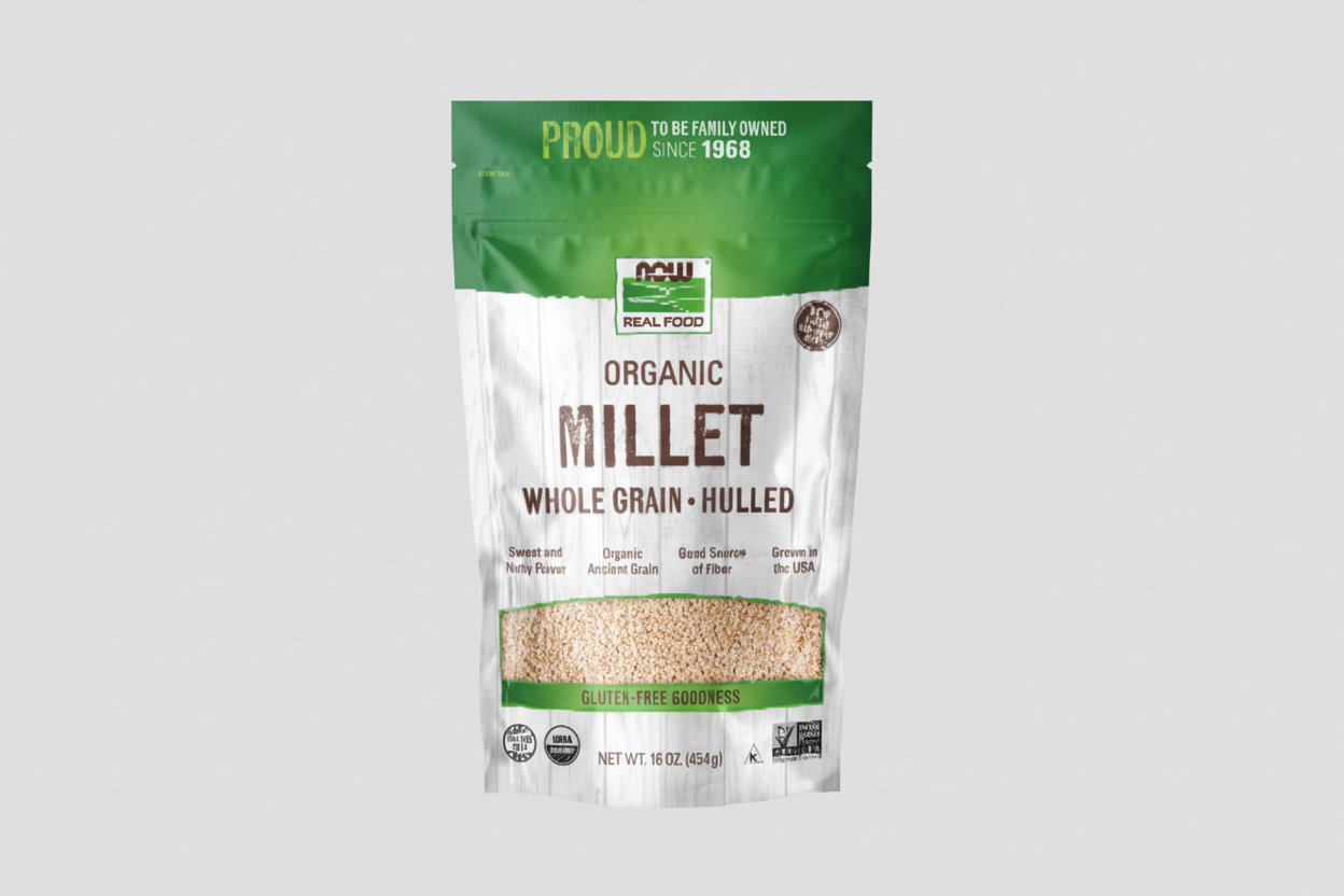 Package of NOW Organic Millet Whole Grain Hulled on a white background