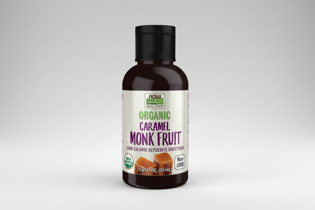 Bottle of NOW Organic Caramel Monk Fruit sweetener on a white background