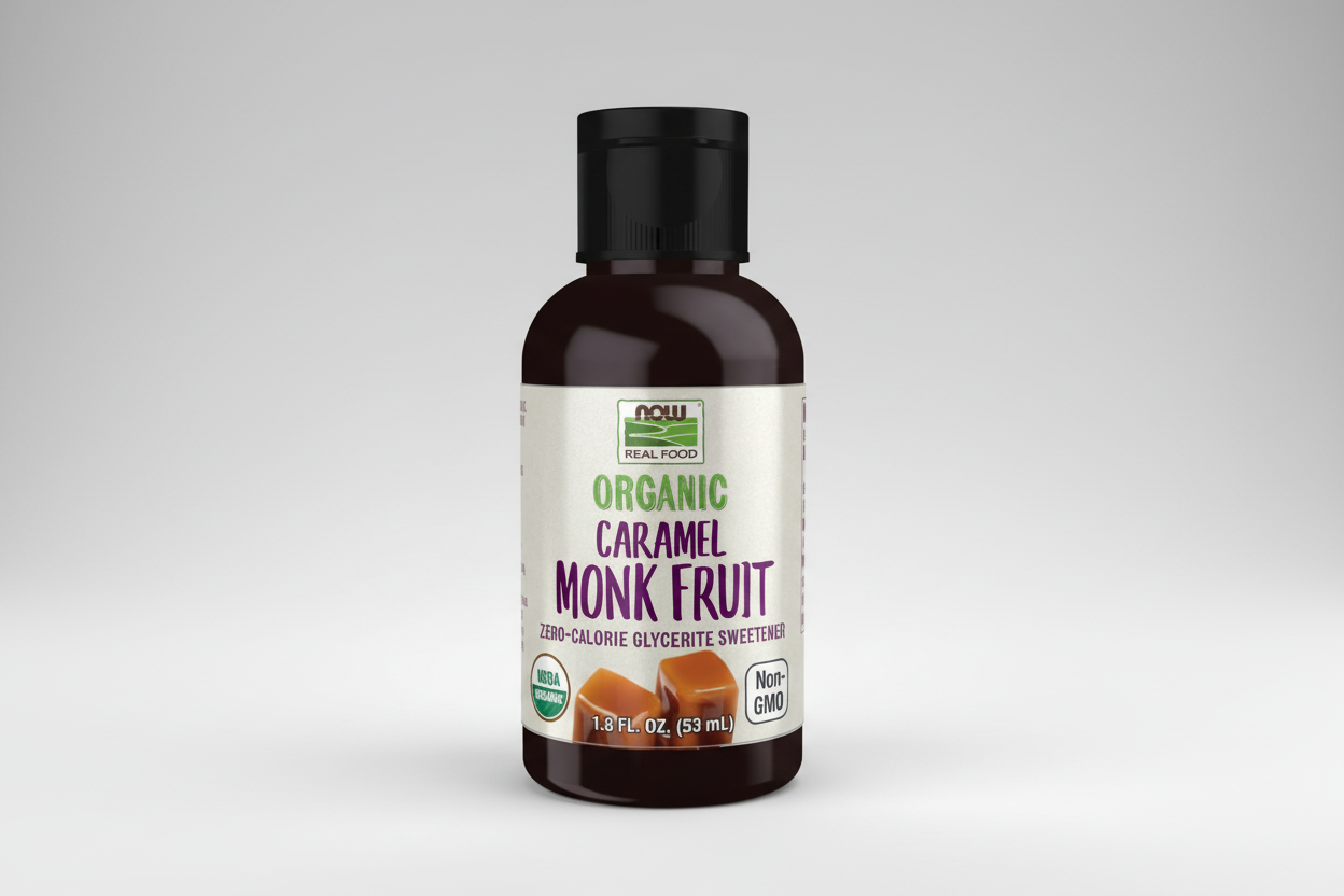 Bottle of NOW Organic Caramel Monk Fruit sweetener on a white background