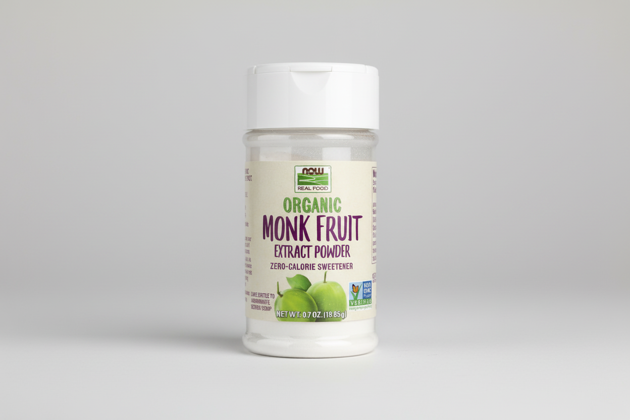 Bottle of Organic Monk Fruit Extract Powder on a white background