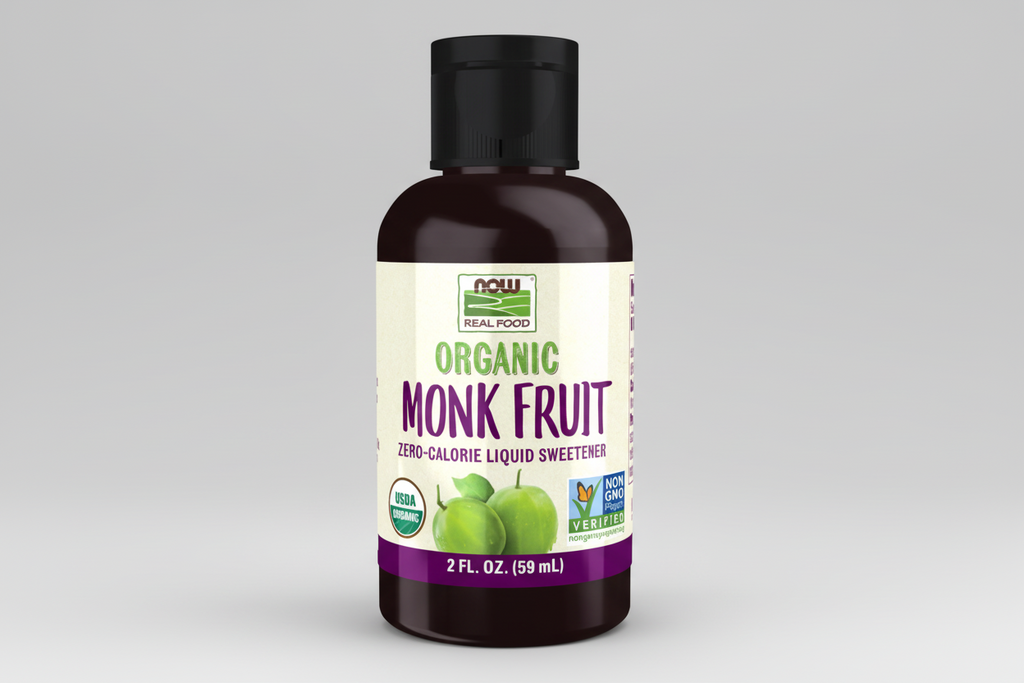 Bottle of Organic Monk Fruit liquid sweetener on a white background