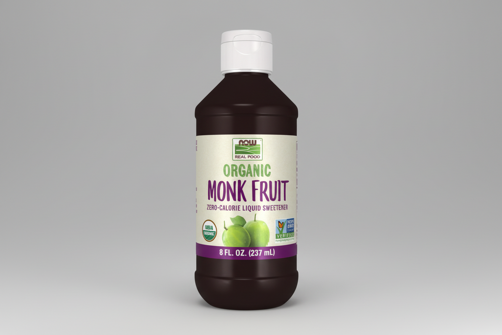 Bottle of Organic Monk Fruit liquid sweetener on a white background