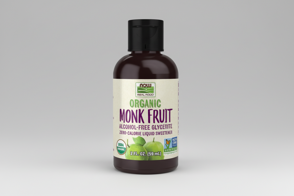 Bottle of Organic Monk Fruit sweetener on a white background