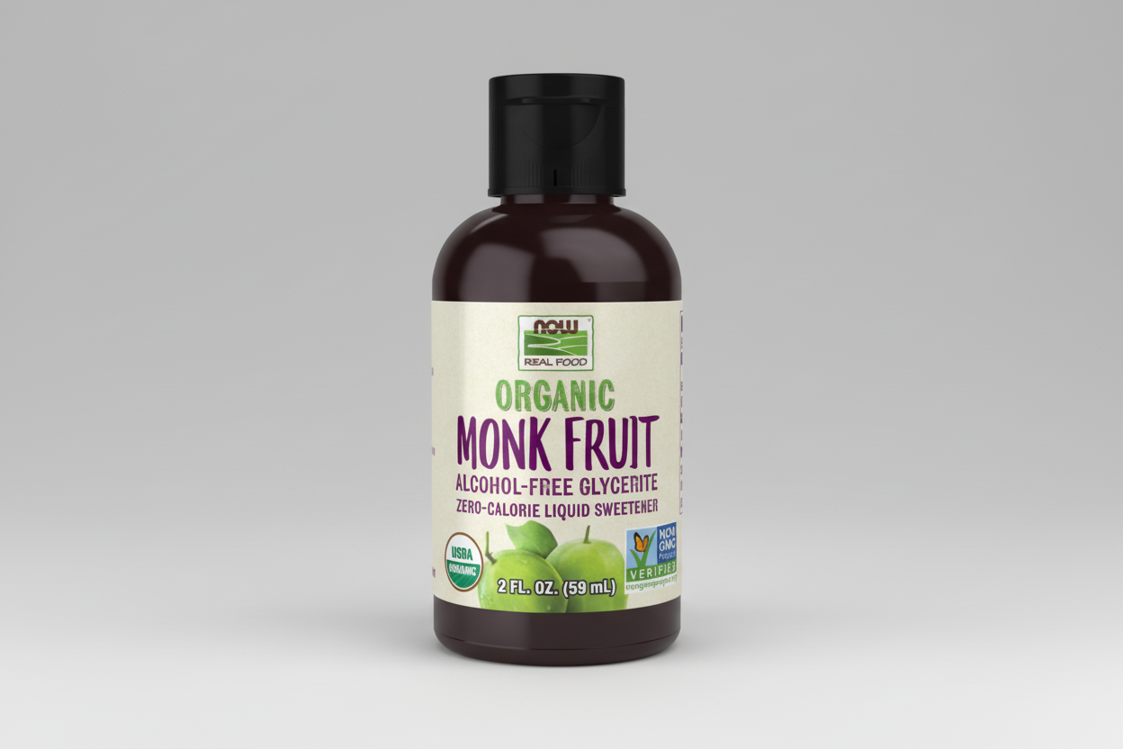 Bottle of Organic Monk Fruit sweetener on a white background