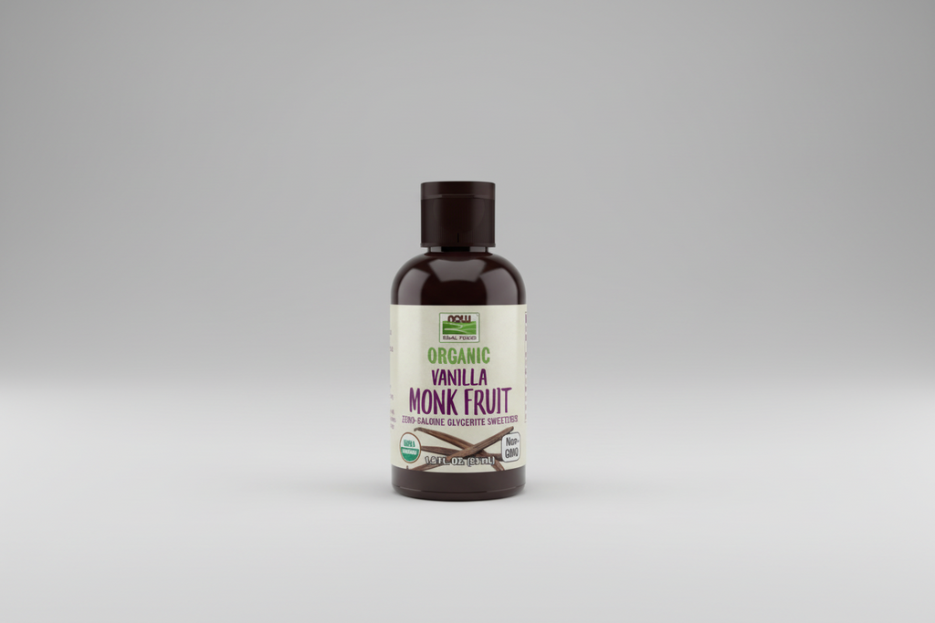 Bottle of Organic Vanilla Monk Fruit sweetener on a white background