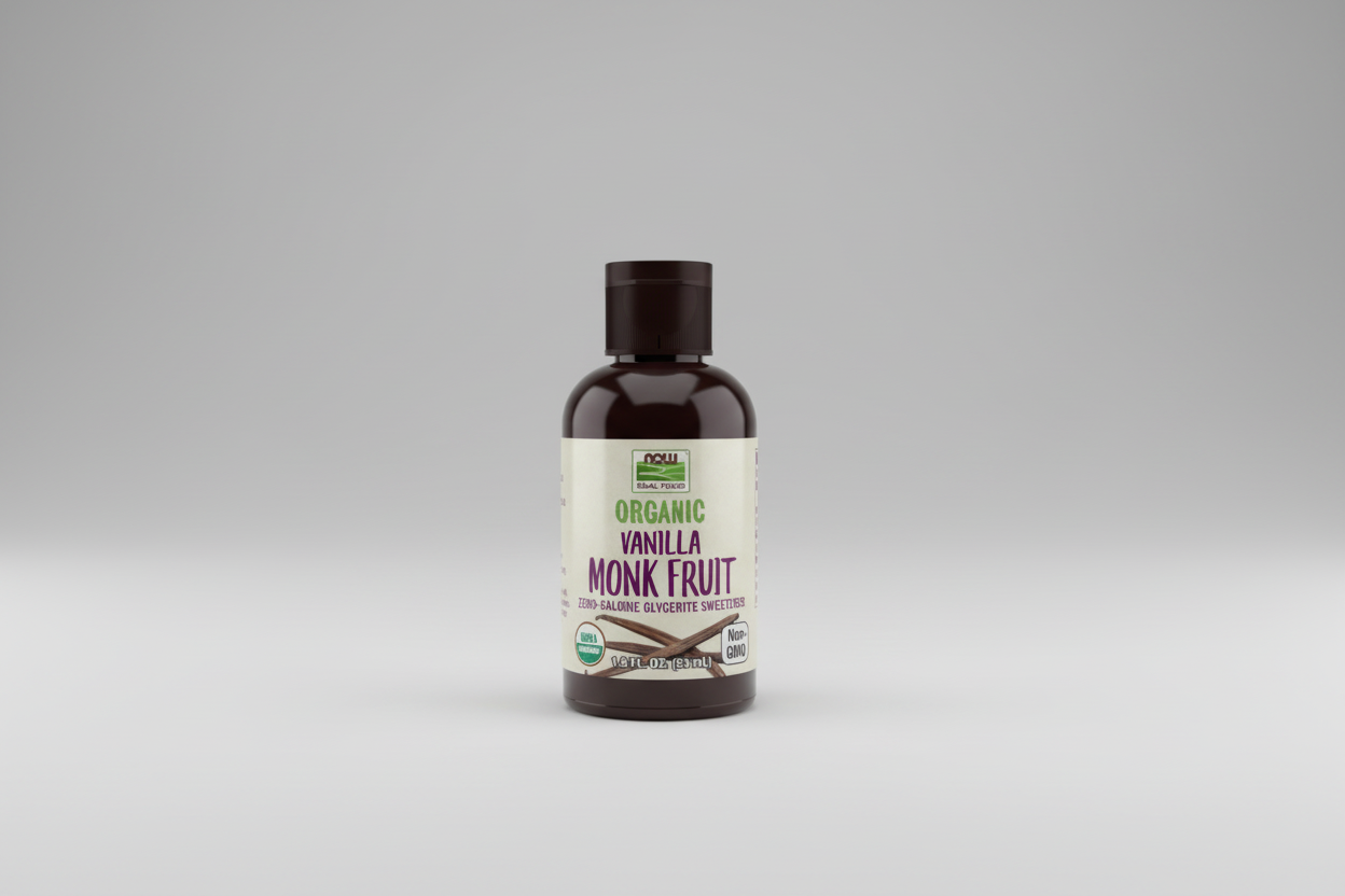 Bottle of Organic Vanilla Monk Fruit sweetener on a white background