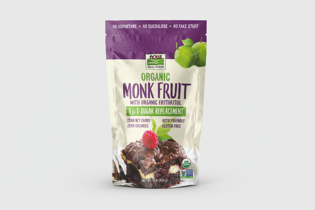 Package of NOW Organic Monk Fruit with Organic Erythritol on a white background