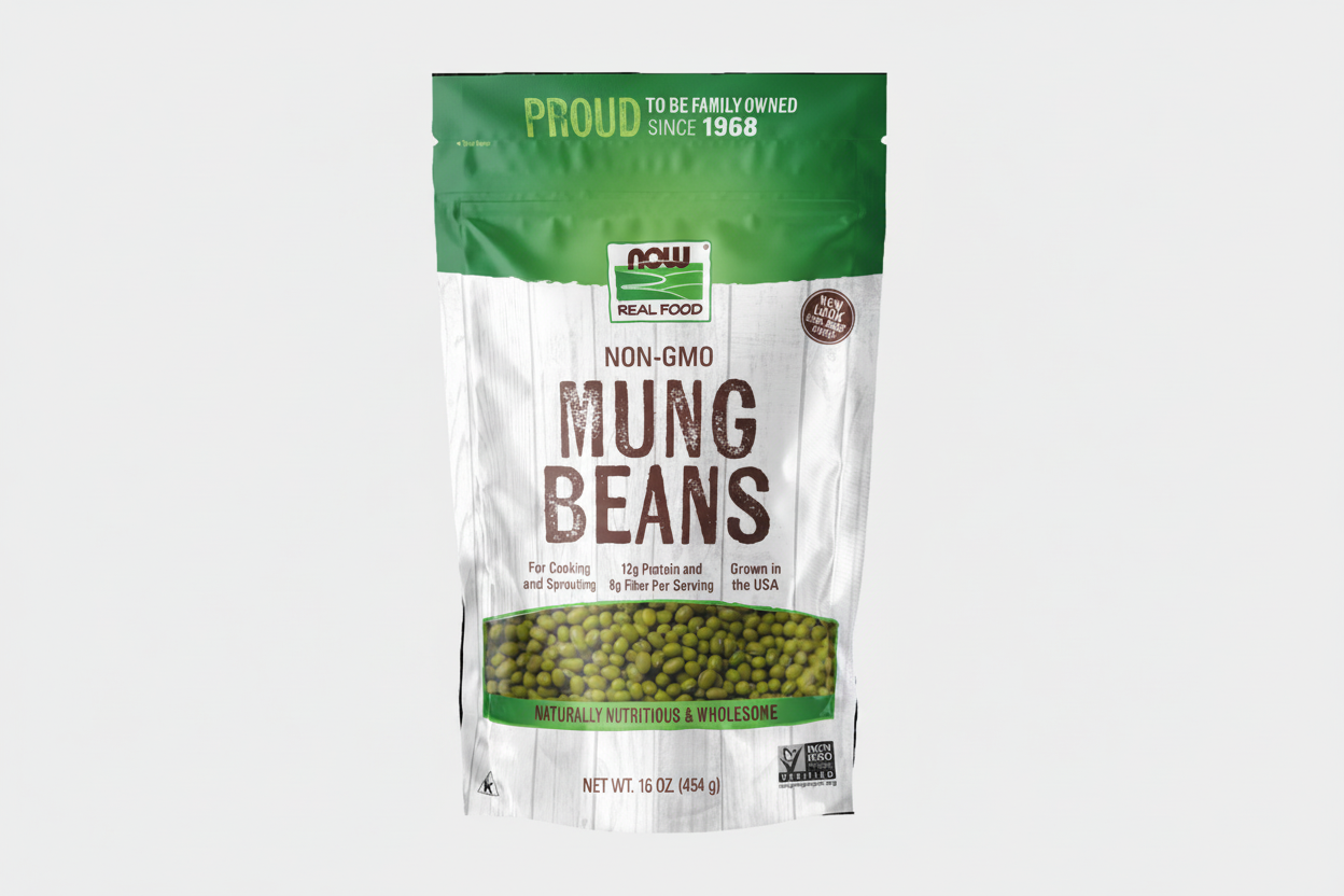 Package of NOW Real Food Non-GMO Mung Beans on a white background