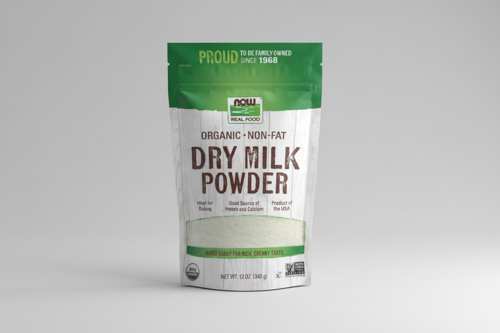 Package of NOW Organic Dry Milk Powder with green and white design