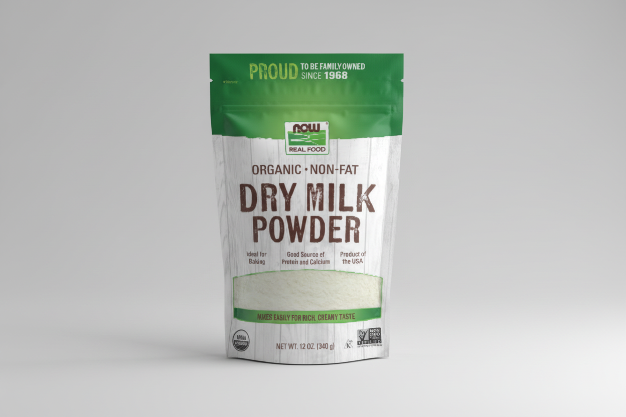 Package of NOW Organic Dry Milk Powder with green and white design