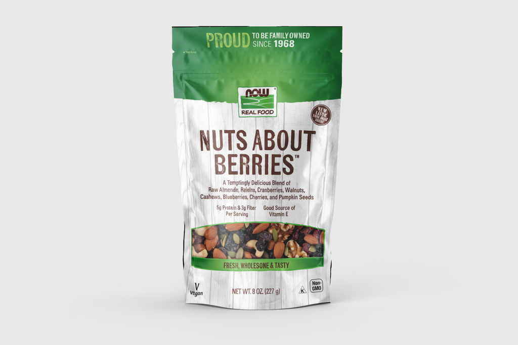 Package of 'Nuts About Berries' with green and white design