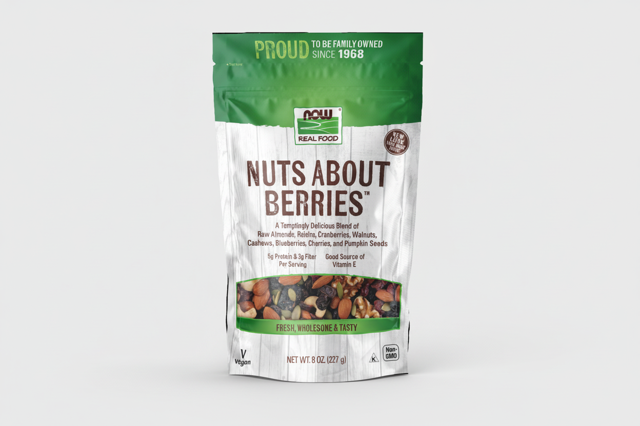 Package of 'Nuts About Berries' with green and white design