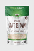Bag of NOW Organic Oat Bran with branding and product details.