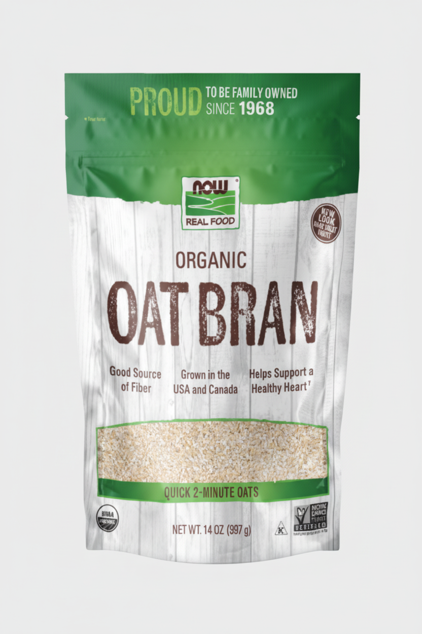 Bag of NOW Organic Oat Bran with branding and product details.