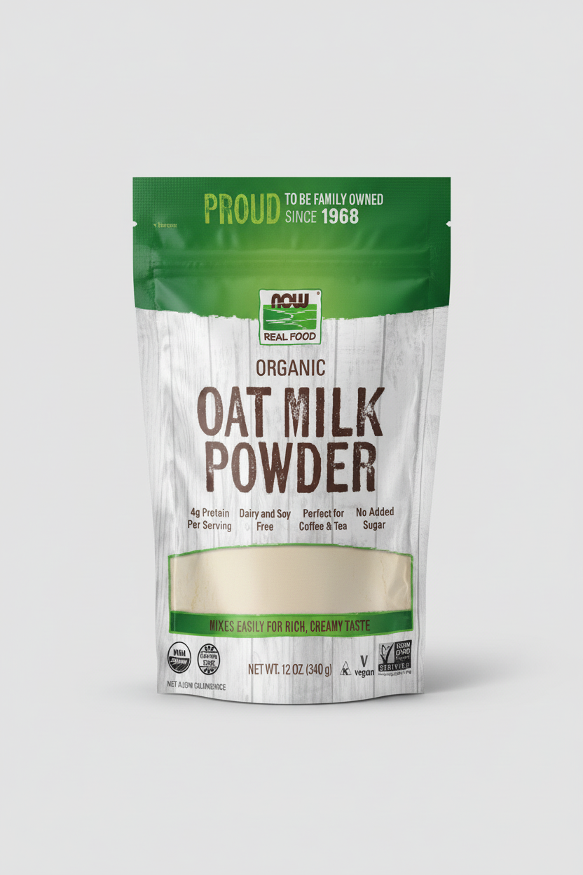 Package of NOW Organic Oat Milk Powder with green and white design