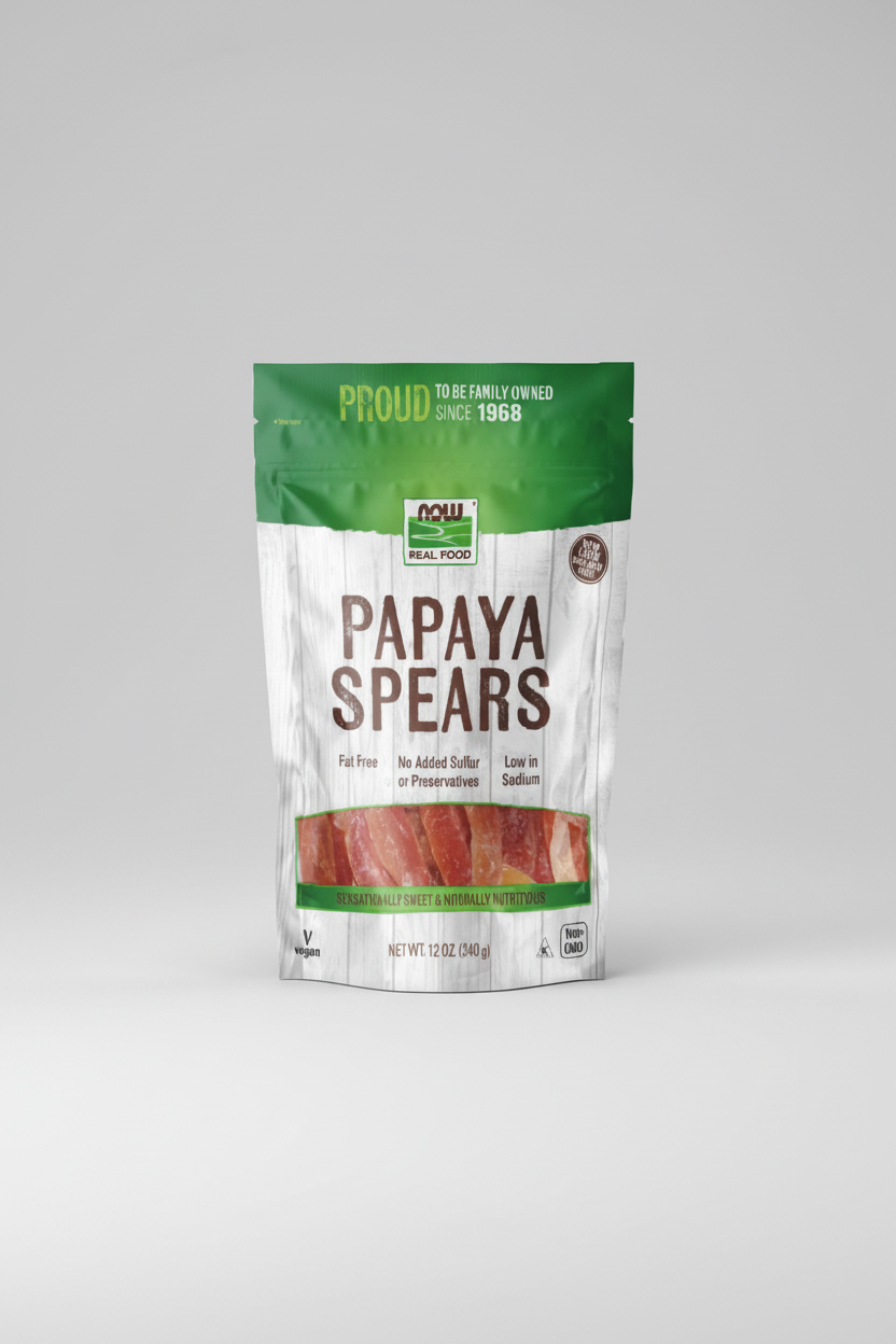 Packaging of papaya spears with branding and product details.