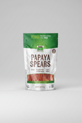 Packaging of papaya spears with branding and product details.