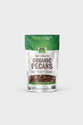 Bag of organic pecans on a white background