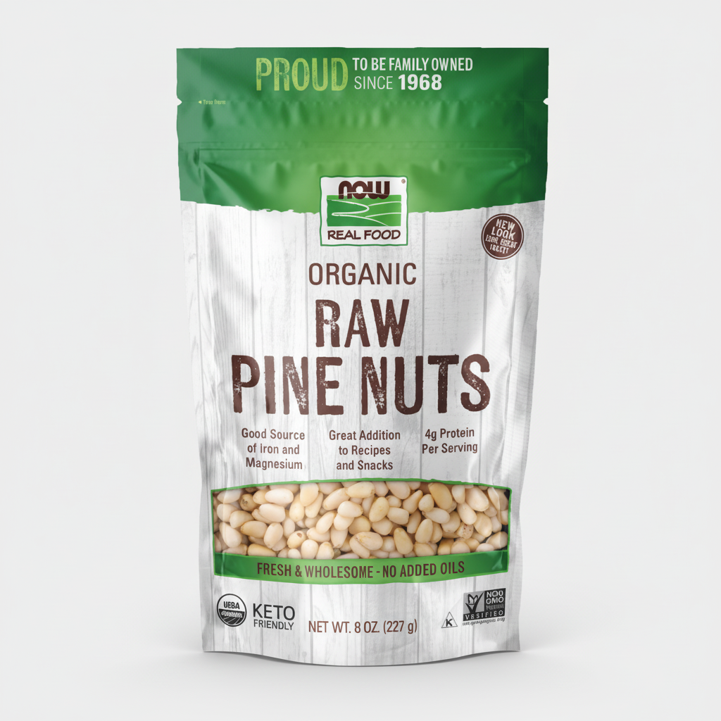 Bag of organic raw pine nuts with NOW Real Food branding on a white background