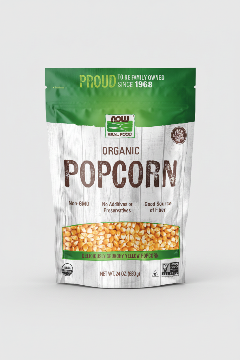 Bag of NOW Organic Popcorn with green and white design