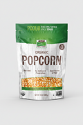 Bag of NOW Organic Popcorn with green and white design