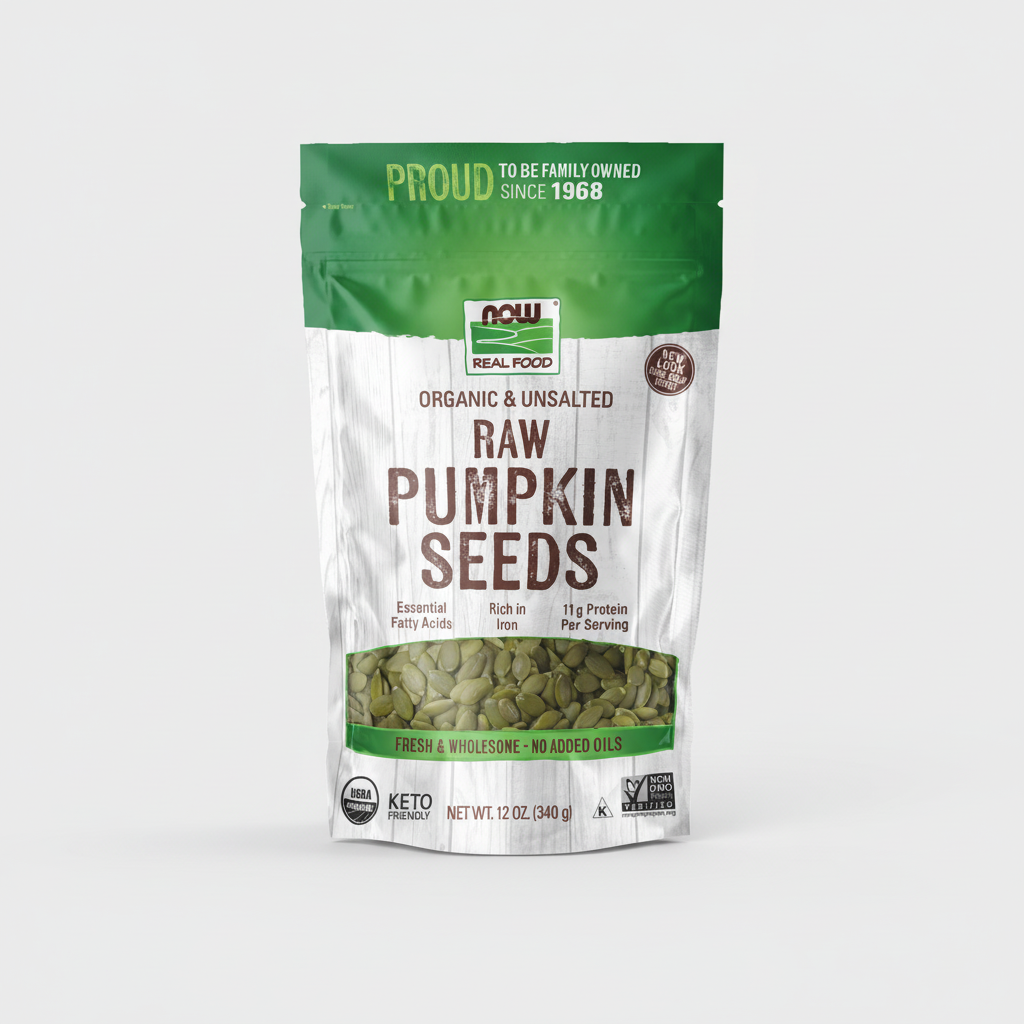 Package of NOW Organic & Unsalted Raw Pumpkin Seeds on a white background