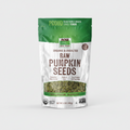 Package of NOW Organic & Unsalted Raw Pumpkin Seeds on a white background