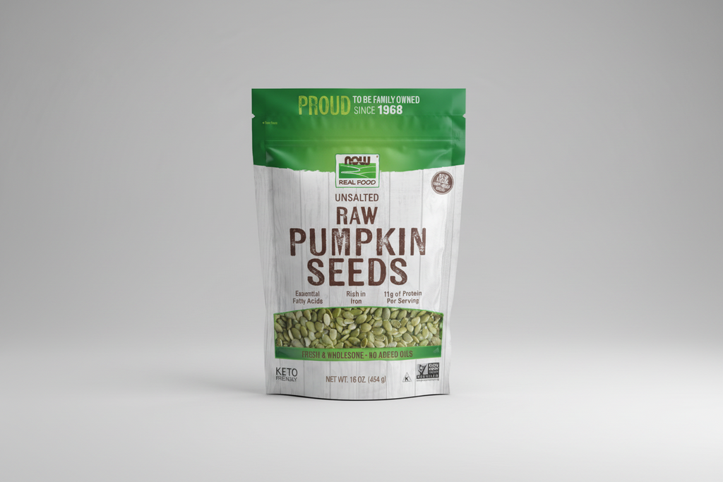 Package of raw pumpkin seeds with green and white design