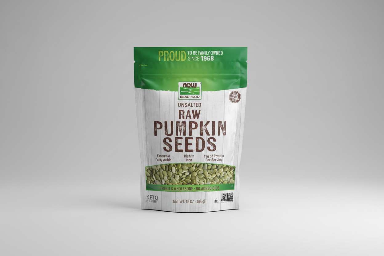 Package of raw pumpkin seeds with green and white design