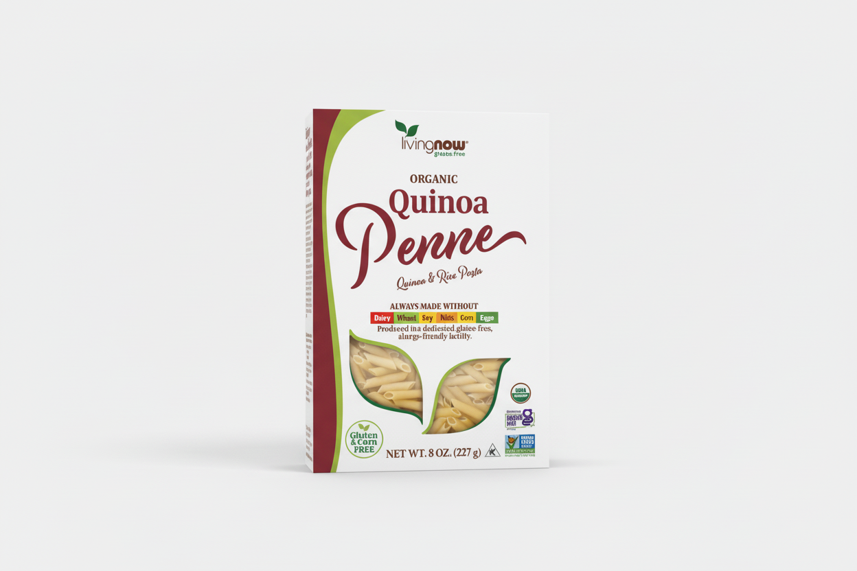 Box of living now organic quinoa penne pasta on a white background