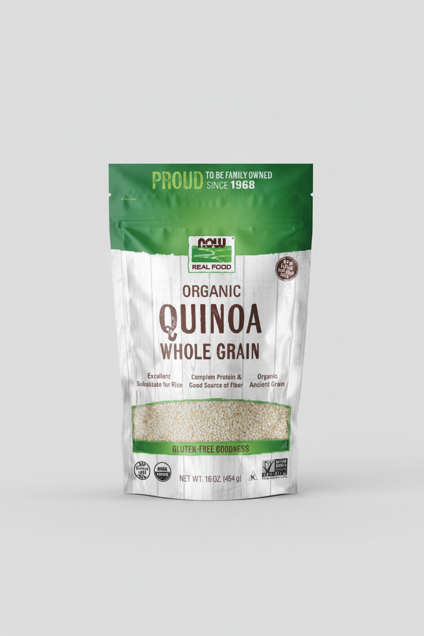 Package of NOW Organic Quinoa Whole Grain with green and white design