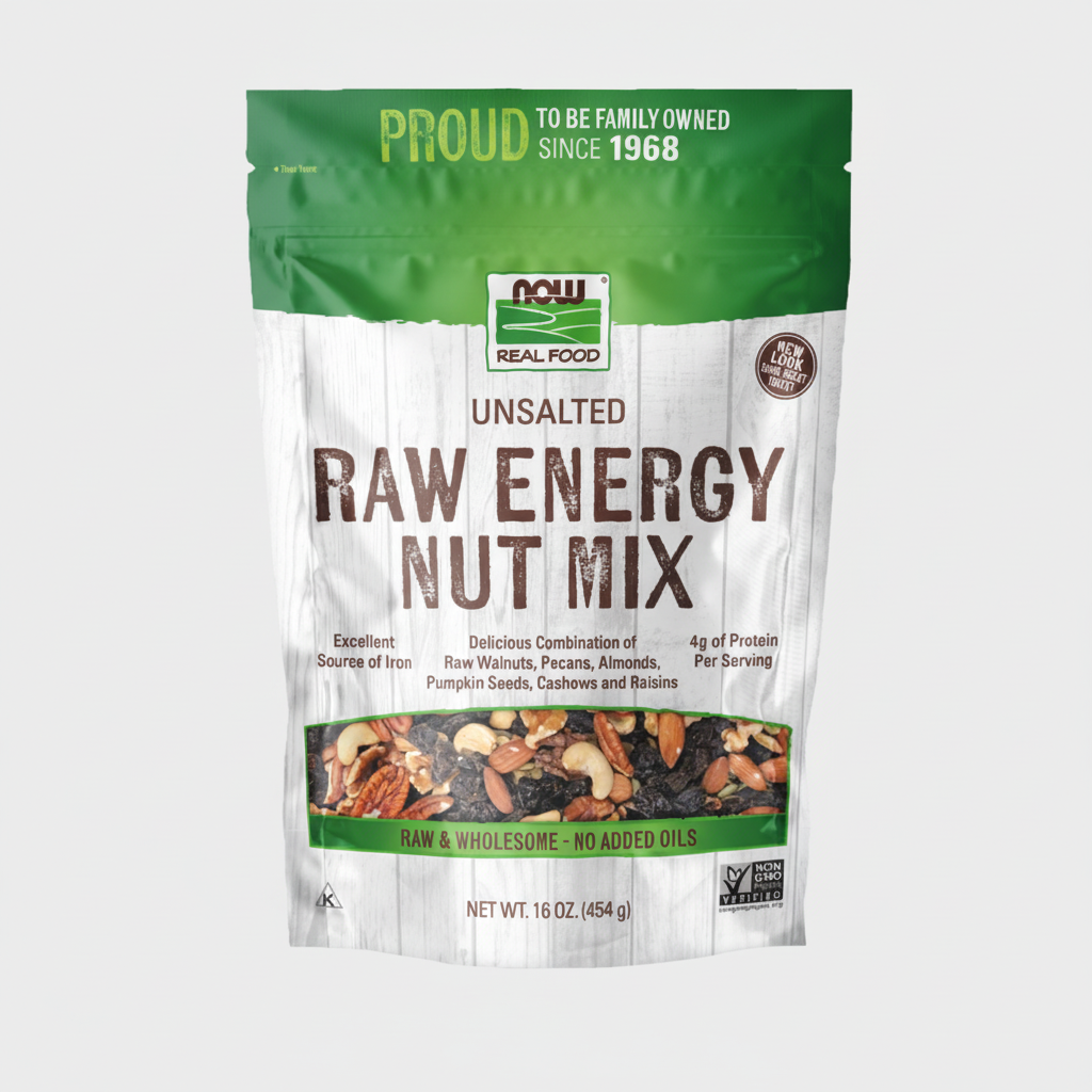 Package of NOW Real Food Unsalted Raw Energy Nut Mix on a white background
