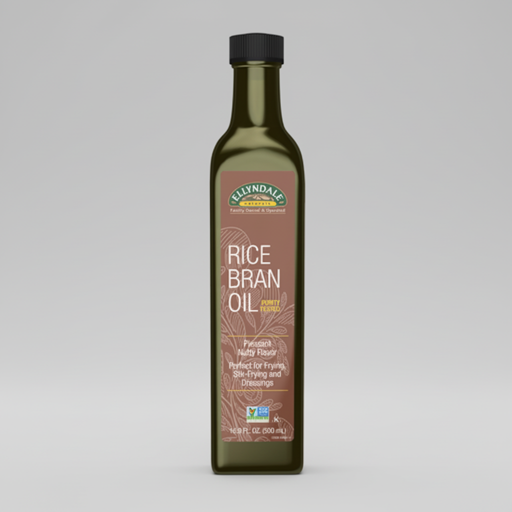 Bottle of Elyndale Rice Bran Oil on a white background